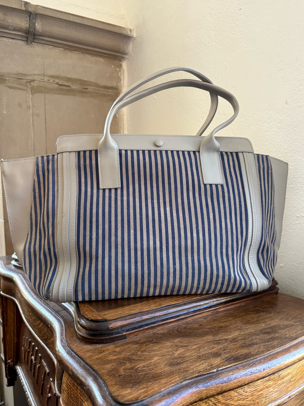 Alberta Di canio Blue and White Striped Canvas Accent Tote